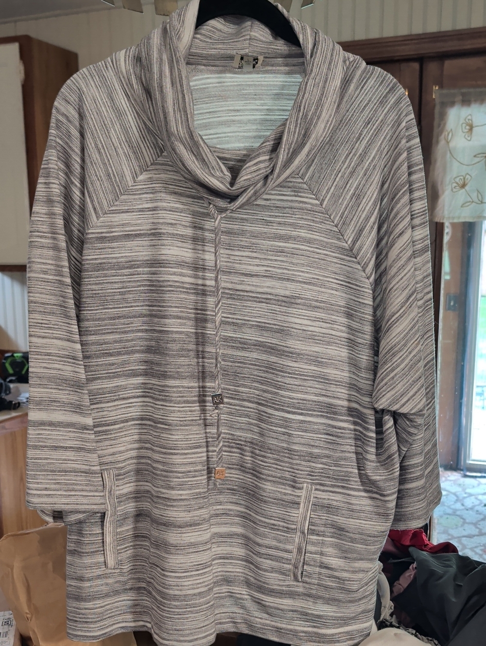 Anne Klein Heathered Gray Striped Cowl Neck Sweater